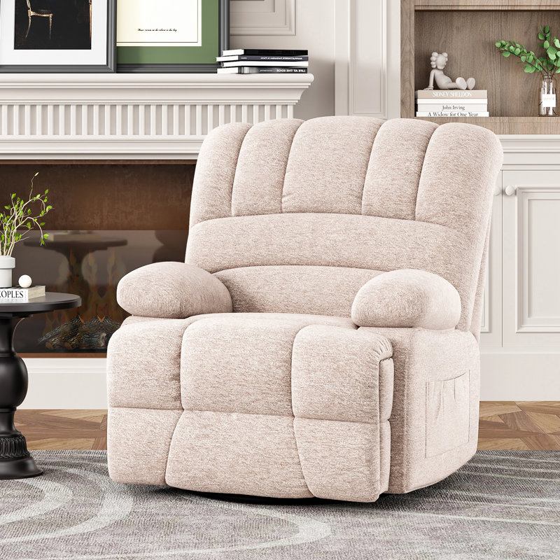 Heald 40.94"W Upholstered Swivel Rocker Recliner, White Chenille