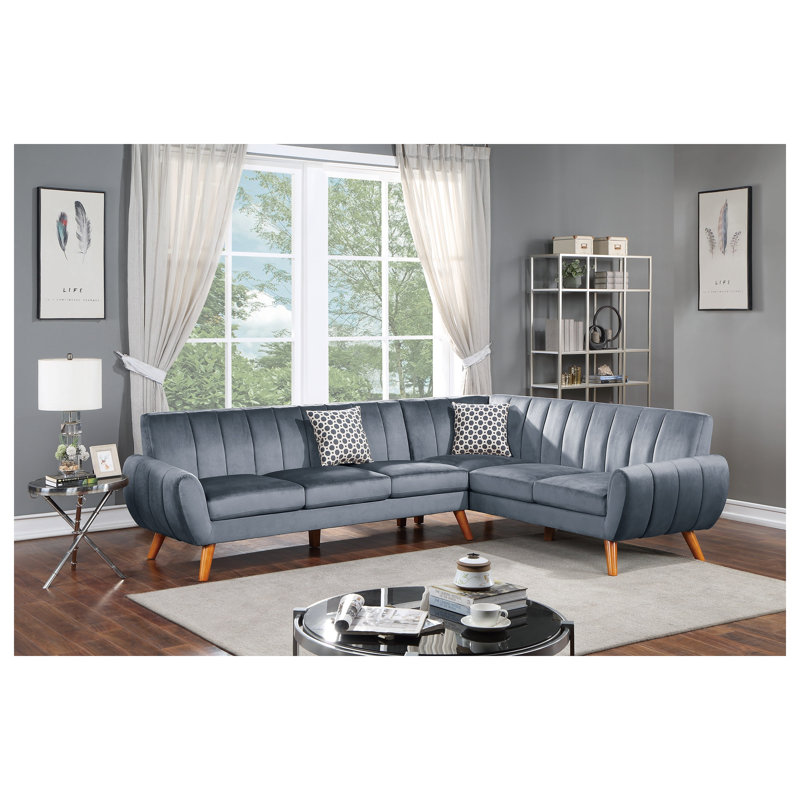Ensemble canapé d'angle contemporain 2 pièces en velours gris foncé, comprenant un canapé d'angle à gauche et une causeuse d'angle à droite.