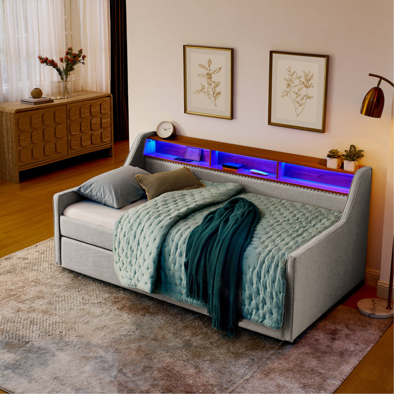 Twin Size Upholstery Sofa Bed With Three LED Lights, With Storage Adjustable Headboard, With Foldable Leg Pull Up Trundle Bed And Wireless Charging, Linen Padded Sofa Bed Frame