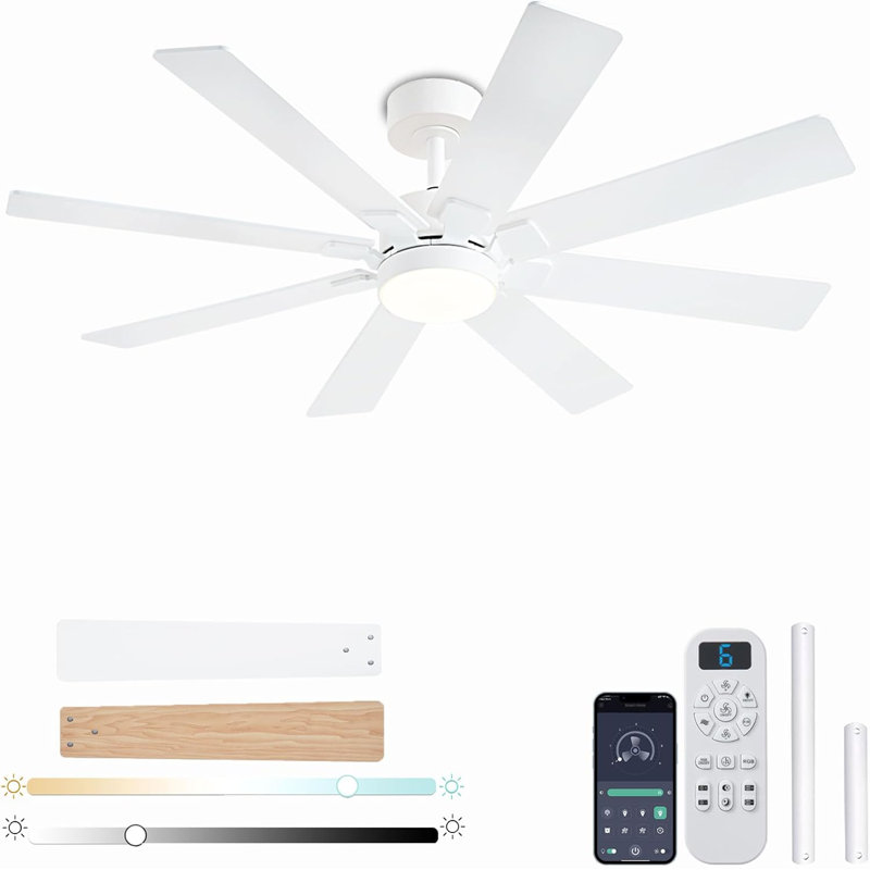 Ventilateurs de plafond de 48 pouces avec lumières et télécommande / APP, ventilateur de plafond à profil bas, 8 pales, à intensité variable DEL, moteur à courant continu réversible, ventilateurs de plafond silencieux pour une utilisation intérie