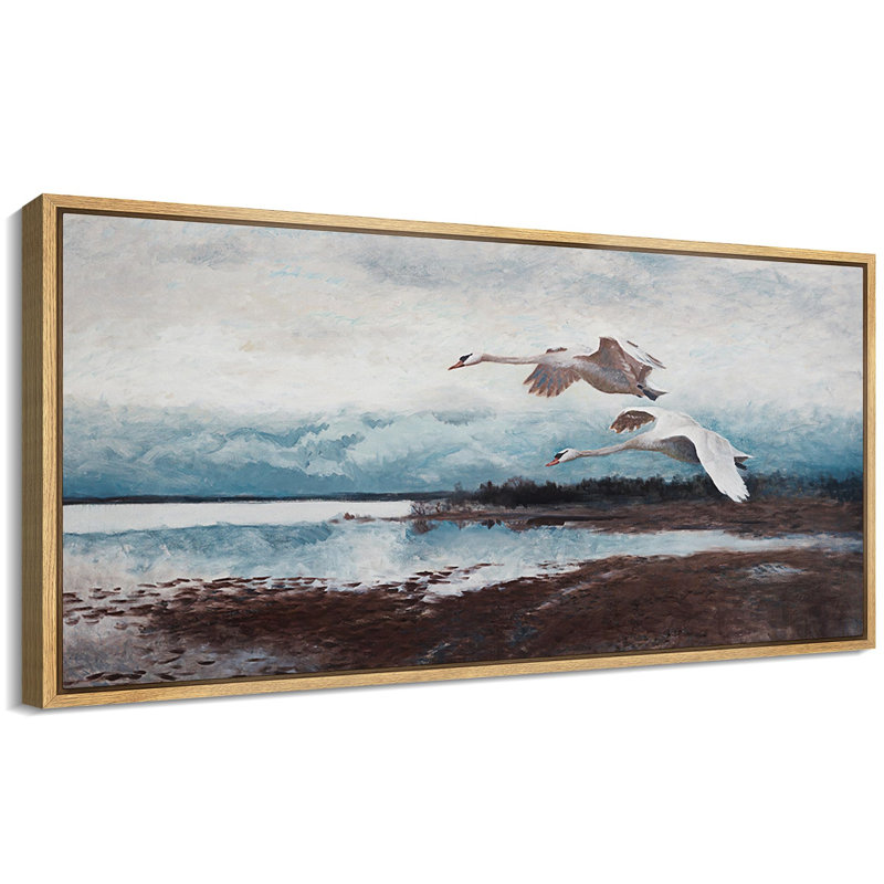 Oiseau, vol côtier, paysage de plage serein avec cygnes volants, reproduction d'art rétro rétro encadrée, H 30 po x l 60 po