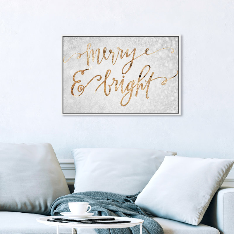 «Merry and Bright», reproduction d'art textuel sur toile tendue, L 45 po x H 30 po, Cadre blanc