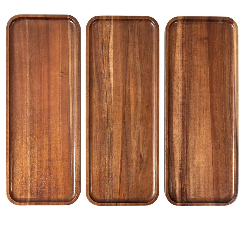 Ensemble de 3 grands plateaux de service en bois d'acacia massif - 17 x 6,5 pouces plateaux rectangulaires en bois pour la décoration intérieure, légumes, fruits, charcuterie, service de hors-d'œuvre et planche à fromage