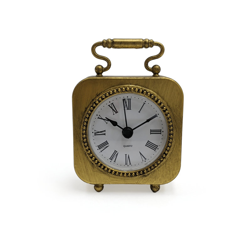 Roman Numeral Metal Mechanical Tabletop Clock in Gold