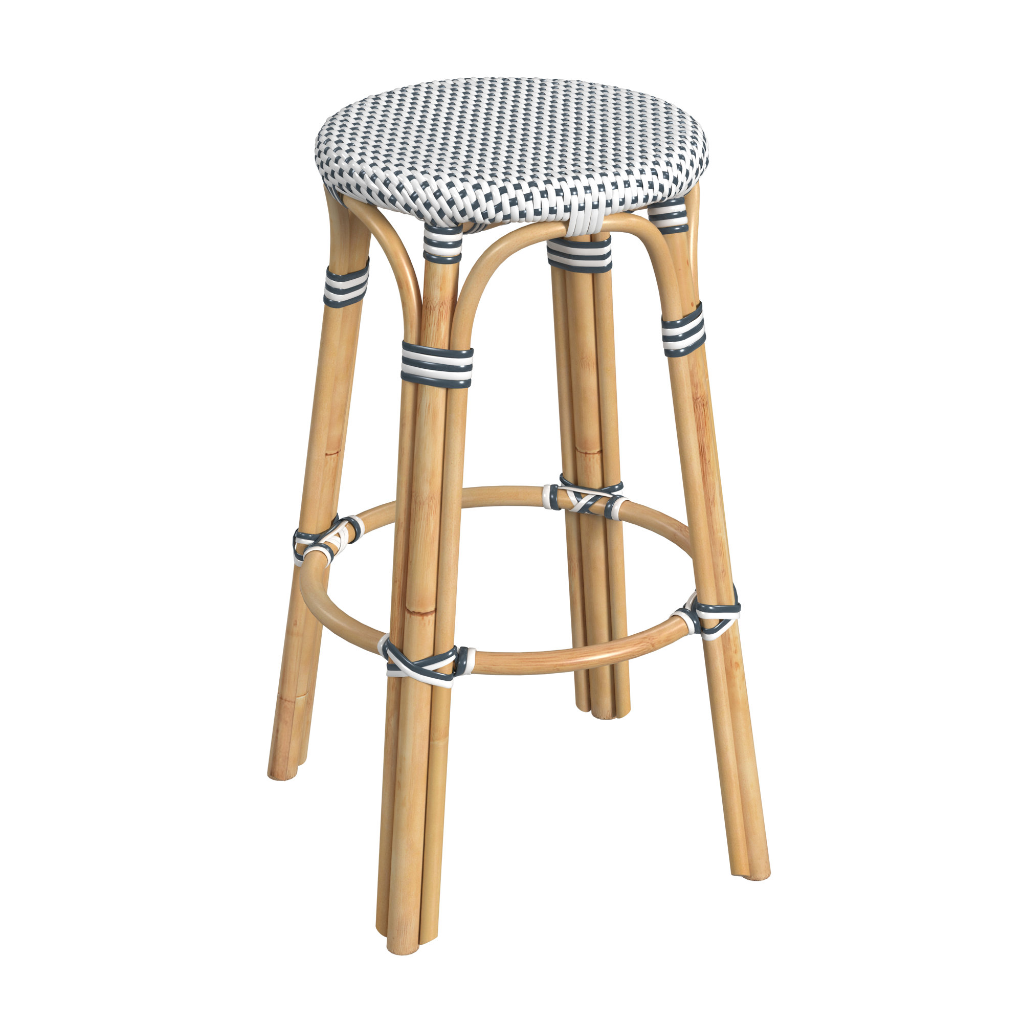 Alastair Bar & Counter Stool, Bar Stool (30" Seat Height), White/Navy Dot/Natural Rattan Frame