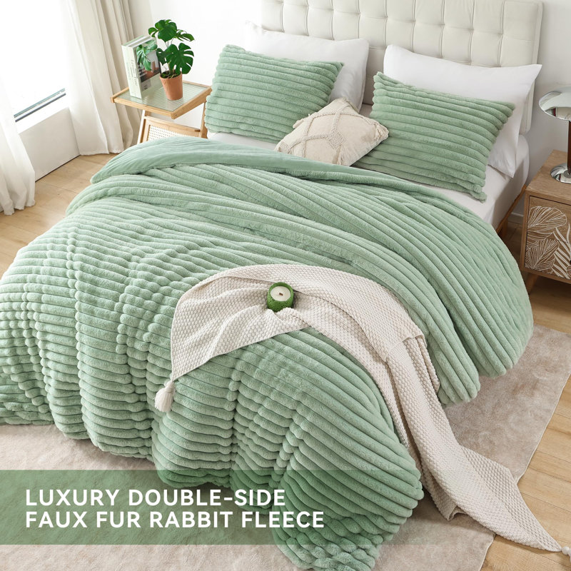 Fluffy Comforter Set 3 Pieces- All Seasons Heavy Faux Fur Comforter With Two Pillowcases, Sage Green