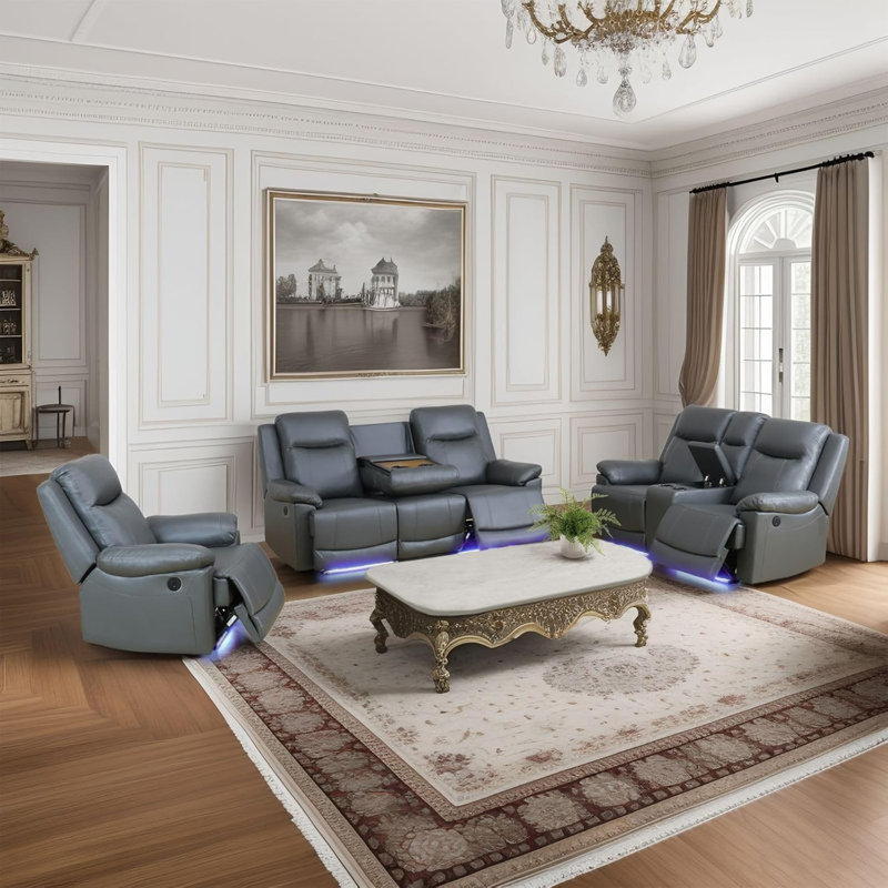 Ensemble de canapé de salon inclinable en cuir 3 pièces gris foncé