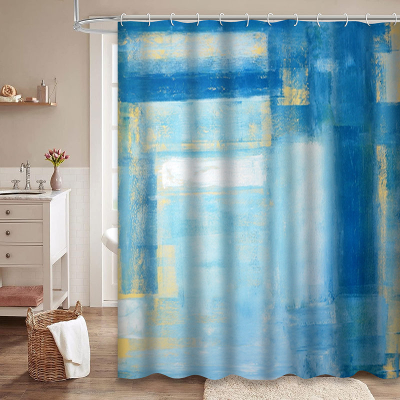 Rideau de douche moderne bleu sarcelle avec peinture abstraite et 12 crochets, L 72 po x l 72 po