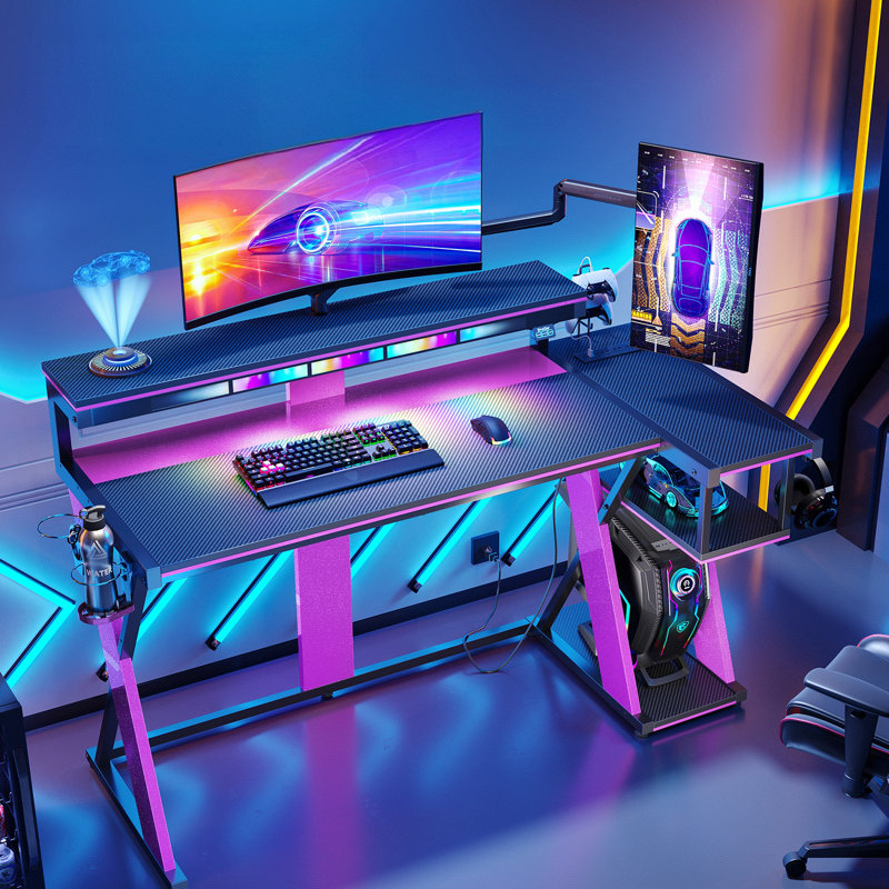 57inch Gaming Desk with Music Sync Light, L-Shaped Home Office Desk with Power Outlet & Monitor Stand ,Shelves, Cup Holders, and Hooks