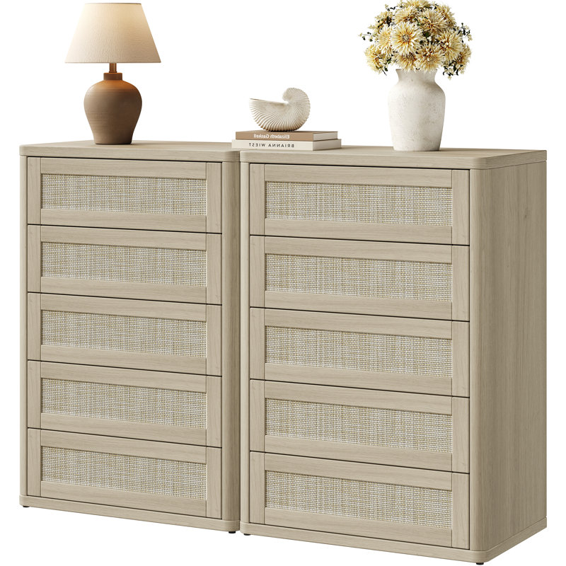 Commode 5 tiroirs Boho-Rattan, Chêne ambré, 2