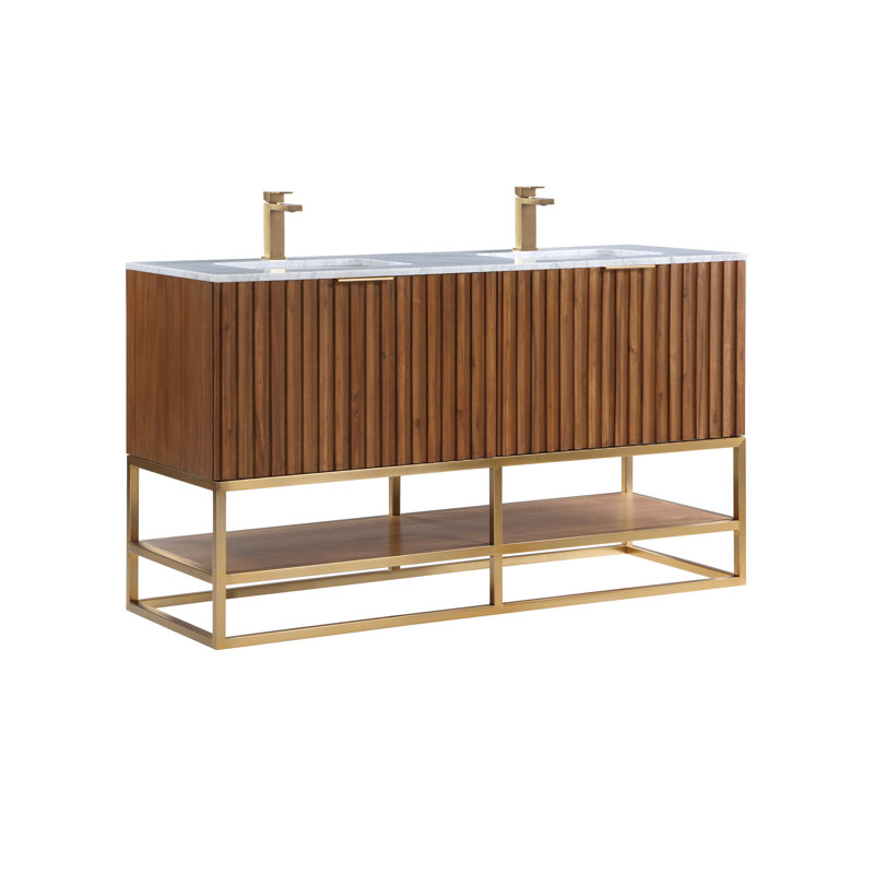 Terra 60'' Double Bathroom Vanity with Top, Walnut, Carrara Marble/Single Faucet Mount, Satin Brass
