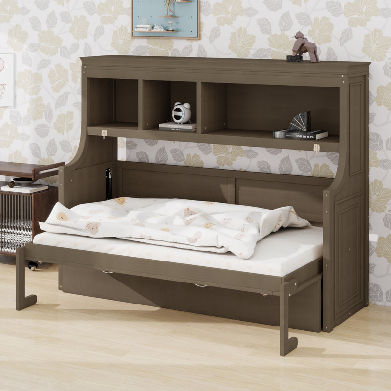 Lit escamotable avec bureau et tablettes de rangement, Gris