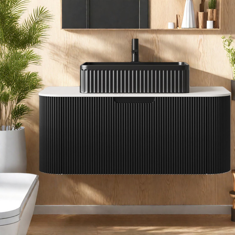 Élégant meuble-lavabo flottant noir et lavabo en céramique, solution de rangement moderne pour la salle de bain