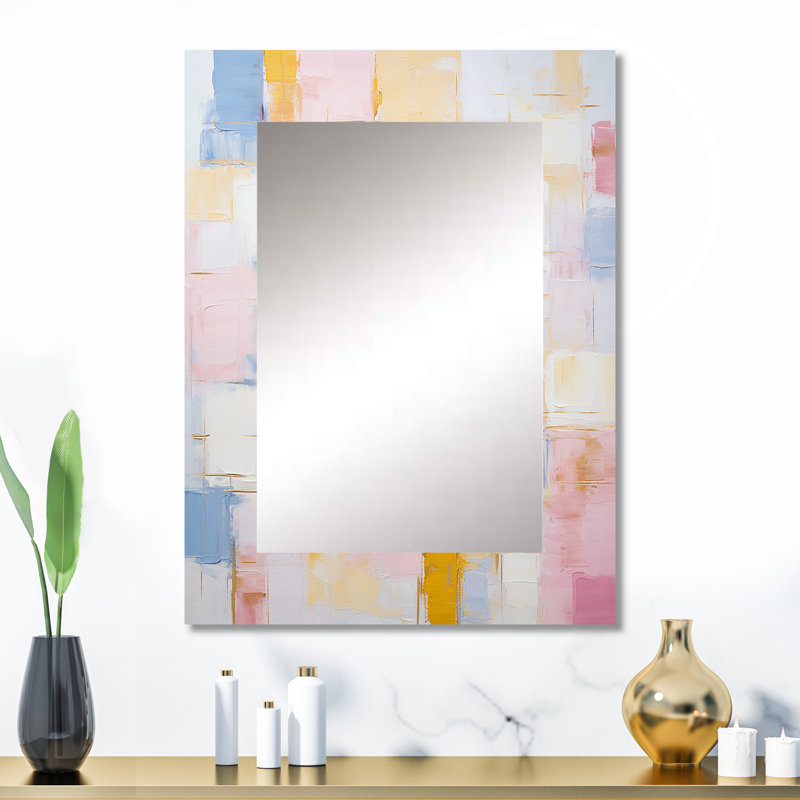 «Timeless Moments» en rose pastel, jaune et bleu - peinture murale abstraite, grand miroir moderne, impression sur métal