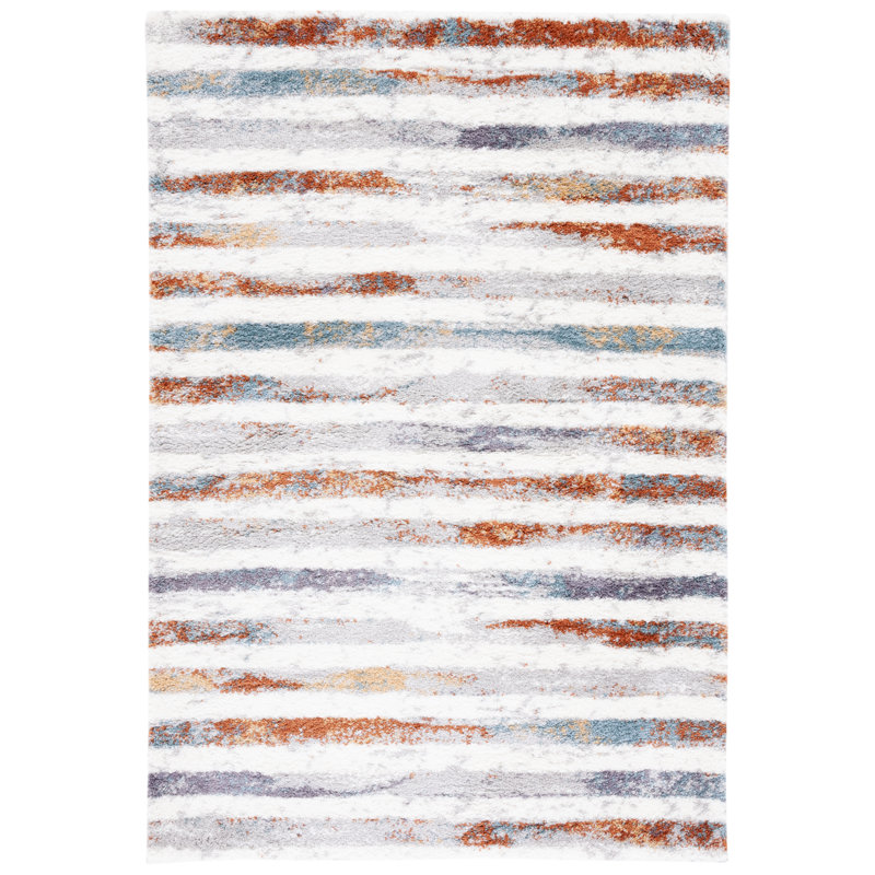 Tapis rayé bleu / ivoire Joua, Rectangle 8 pi x 10 pi