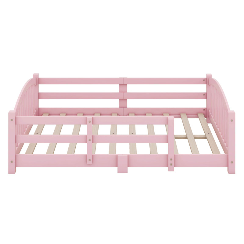 Full Size Montessori Floor Bed With Safety Guardrails, Wood Kids Bed With Slats & Fence And Without Door, Pink, Full / Double