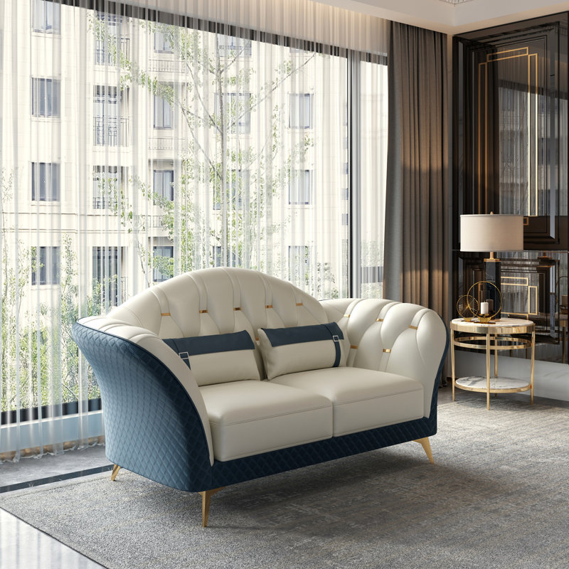 Elberton Upholstered 77'' Loveseat, White/Blue Genuine Leather