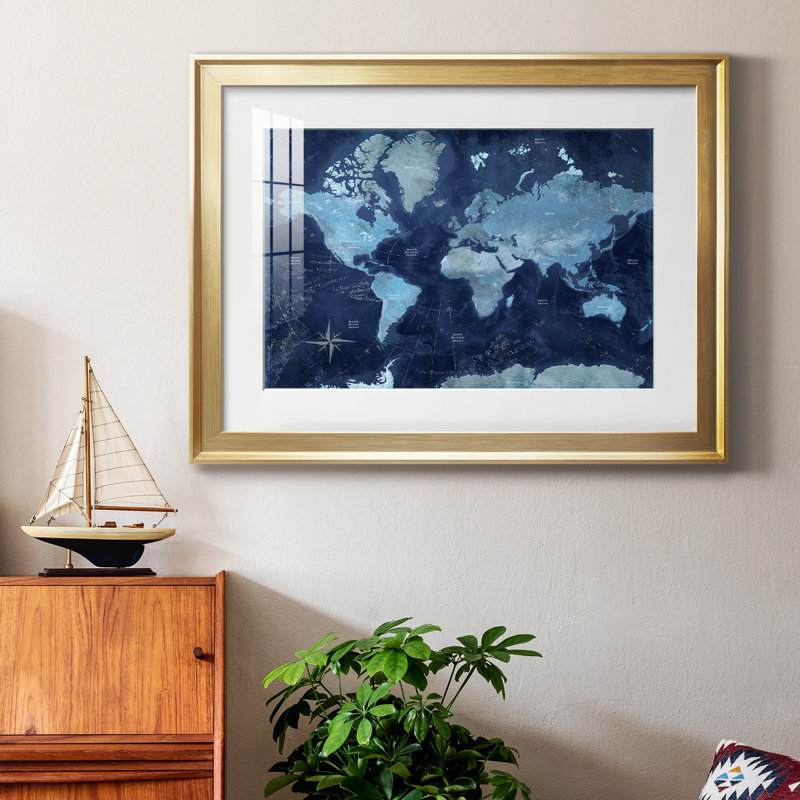 Carte du monde - impression encadrée, Papier encadré doré, H 30,5 po x l 42,5 po x P 1,5 po, Blanc mat