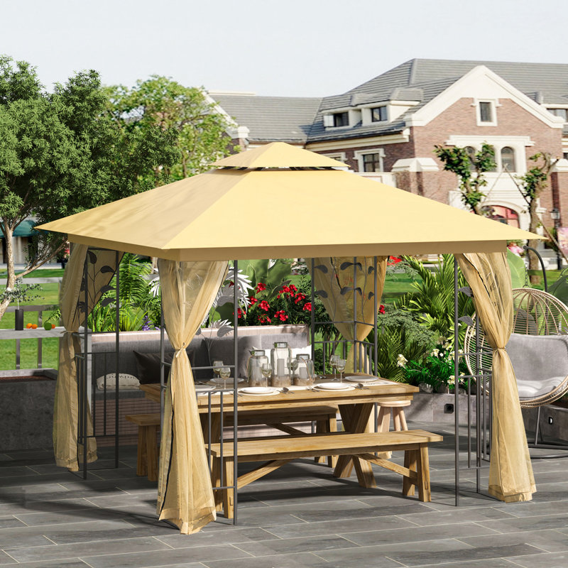Pavillon de jardin à double auvent beige, convenant à diverses occasions extérieures avec toit et filet de protection