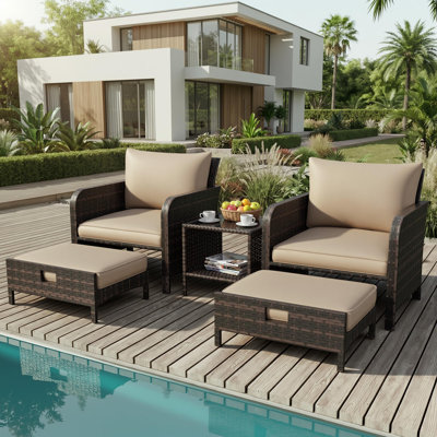 5-Piece Patio Conversation Set, Outdoor PE Wicker Rattan Lounge Chairs with Cushions, 2 Ottomans & Glass Table for Balcony & Porch