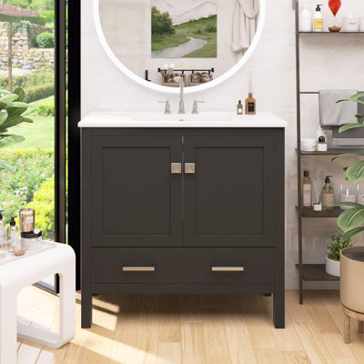 Meuble-lavabo moderne avec portes à fermeture en douceur, tablettes de rangement doubles et tiroir divisé, rangement spacieux