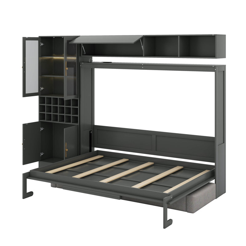 Grand lit escamotable avec canapé, USB et lumière, Grand lit, Gris