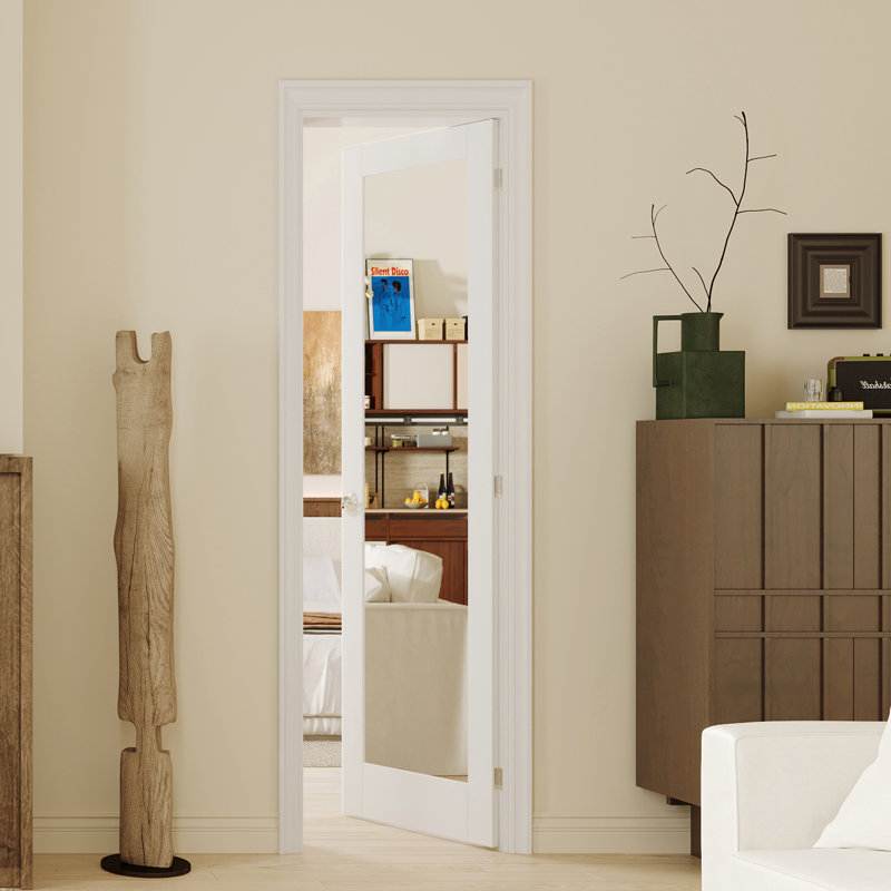 Interior Door Slab with Frame - 1 Lite Mirror White MDF Door, Prehung-Style Door Kit with Pre-installed Hinges, Locking Silver Handle Included, No Pre-drilled Holes