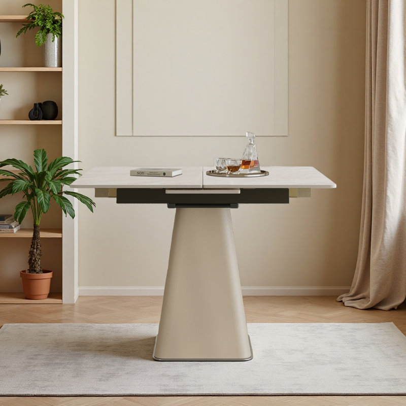 Table de salle à manger rétractable à dalle de roche pliante, table carrée extensible moderne avec base en acier inoxydable revêtue de cuir, table de cuisine à double usage pour les petits appartements