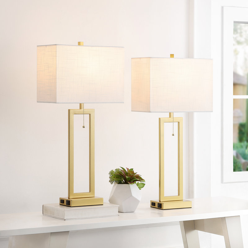 28.5" Metal Table Lamp Set With USB, Type-C Ports And Built-in Outlet , Gold