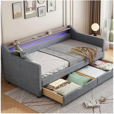 Lit de jour simple avec 2 tiroirs de rangement et tablette à 2 niveaux et / port USB / Type-C, structure de lit de jour rembourrée en lin moderne avec lumière DEL intelligente pour salon, appartement, gris clair