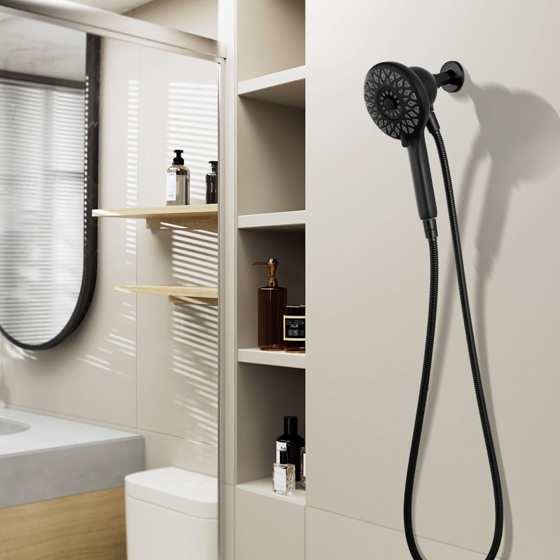Pomme de douche haute, 6 réglages de jet, douchette à main noir mat, tuyau en métal de 60 pouces, fixation murale pour douche à main en mode utilitaire, couleur, forme ronde en acier inoxydable confortable