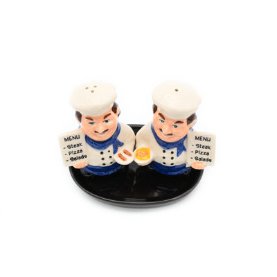 SALT AND PEPPER SHAKER Chef-blue and black ceramic tray
