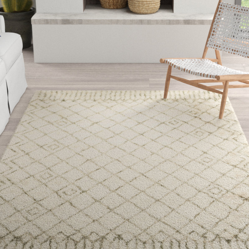 Benyam Hand Tufted Nz Wool/Cotton Geometric Rug in Ivory/Green, Rectangle 10' x 14'