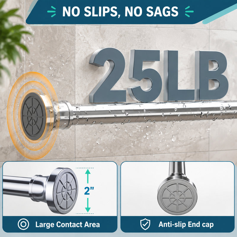 This silver heavy-duty spring-tension shower curtain rod adjusts from 31-80 inches and has a 1-inch diameter; rustproof stainless steel construction and no-drill mounting make it suitable for bathrooms, kitchens, and closets.