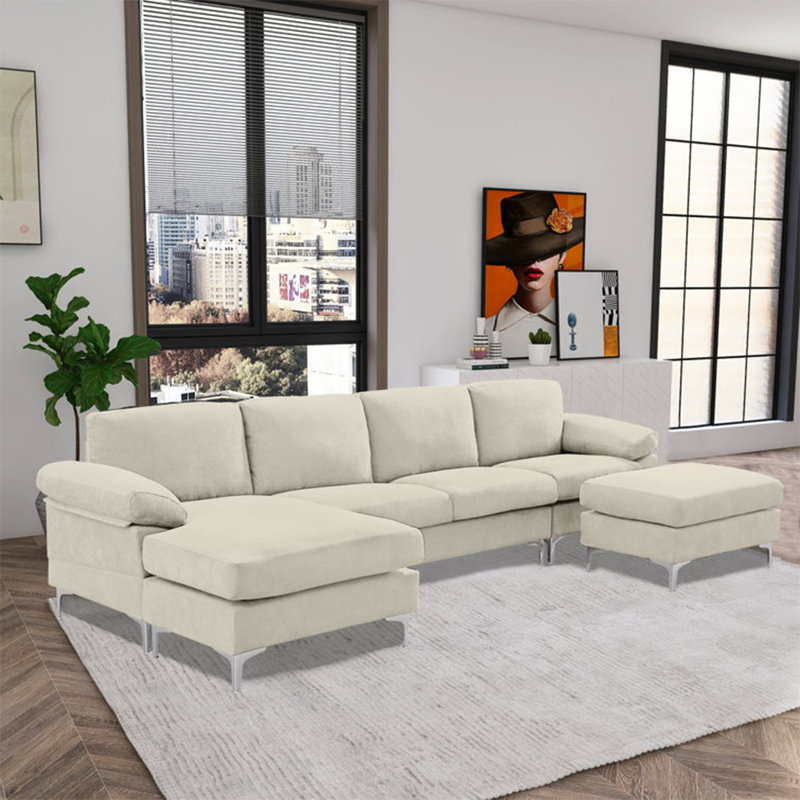 Canapé modulaire réversible avec repose-pieds Landover, Mélange de polyester beige