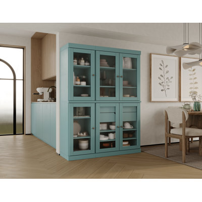 Garde-manger 100% bois massif 48,5 po avec portes en verre givré, 2 tiroirs et tablettes réglables