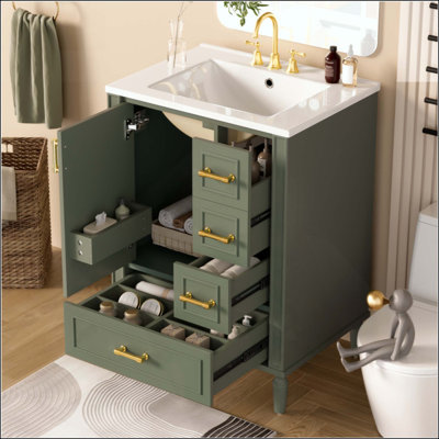 Meuble-lavabo moderne avec lavabo en céramique, porte à fermeture douce, 3 tiroirs, poignées dorées et support de porte pour un rangement peu encombrant (robinet non inclus)