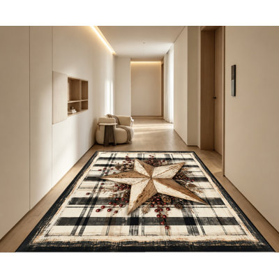 Tapis rustique à carreaux Buffalo Star, imprimé vintage de baies et de pommes de pin, style shabby chic et rustique, antidérapant, pour salon, chambre, cuisine, couloir, entrée, décoration intérieure