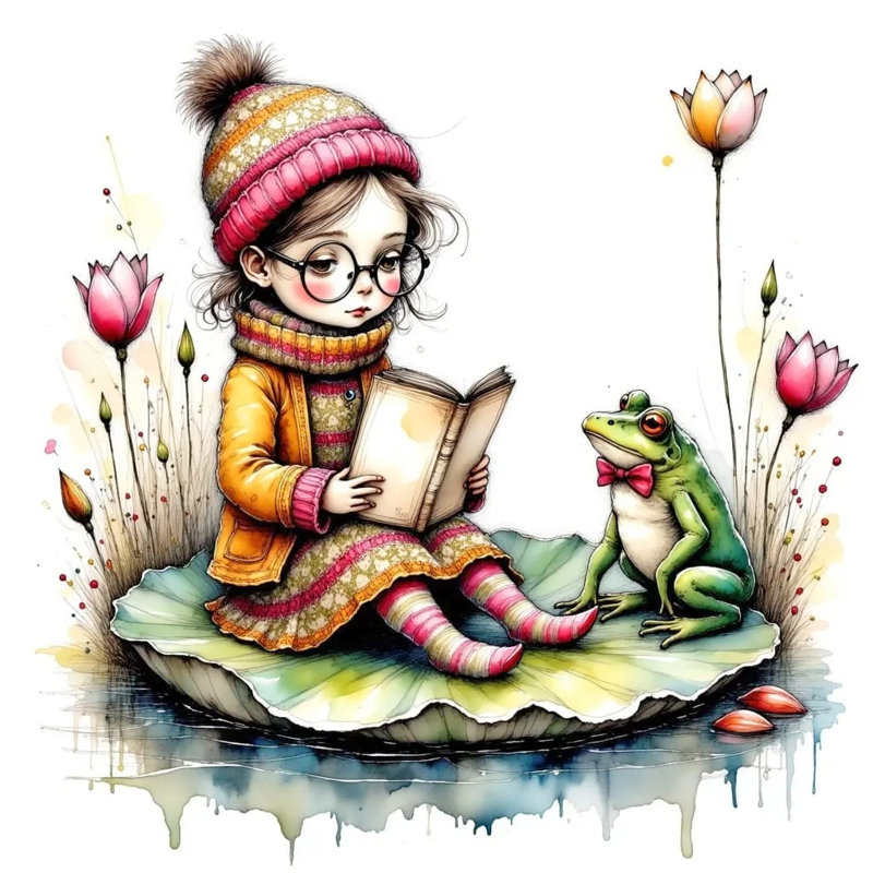 Le conteur et la grenouille - Un conte sur un nénuphar, H 30 po x l 30 po