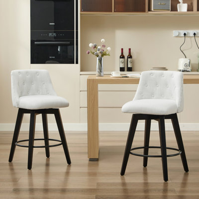 25" Swivel Bar Stools Of 2 - Modern Solid Wood Frame With Linen Upholstery And Button Back. 360° Smooth Swivel, Adjustable Feet. Stain- For Kitchen Island, Breakfast Or Home Pub. White Design. Silent