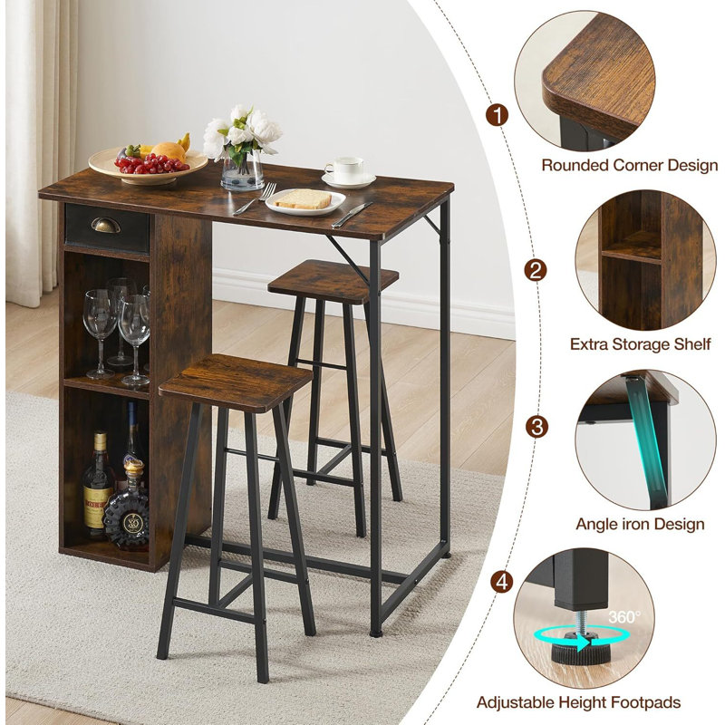 3 Piece Bar Table Set, with 2-Layer Storage Shelf, Brown
