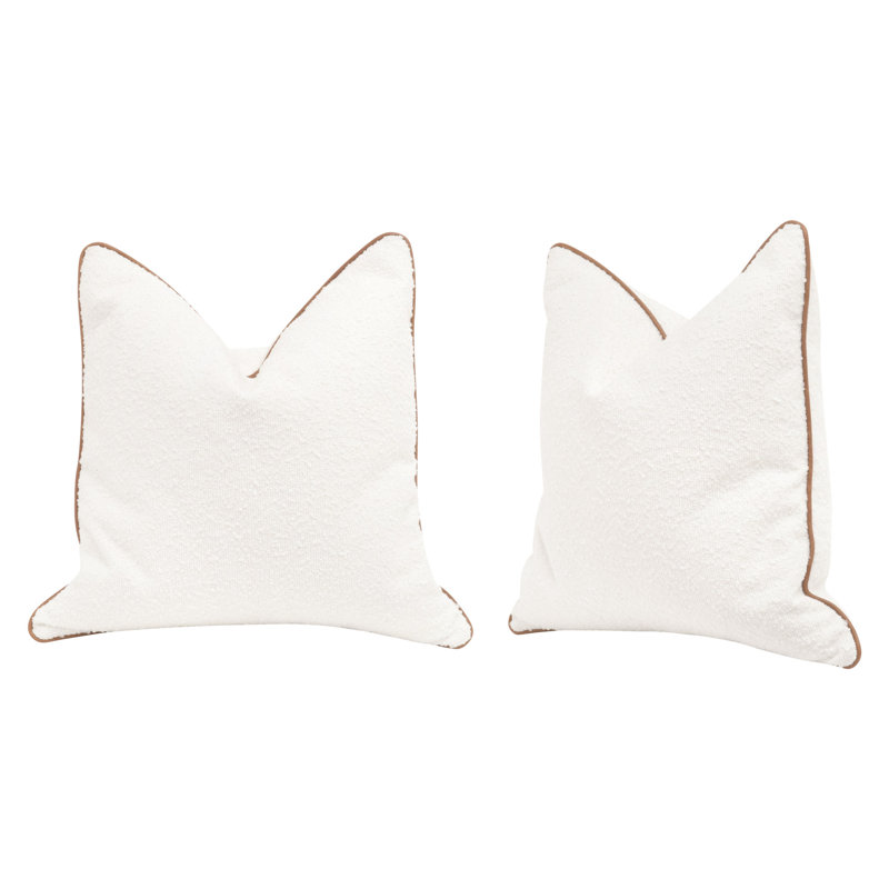 Snow White Boucle Pillow with Whiskey Brown Leather Piping, Set of 2