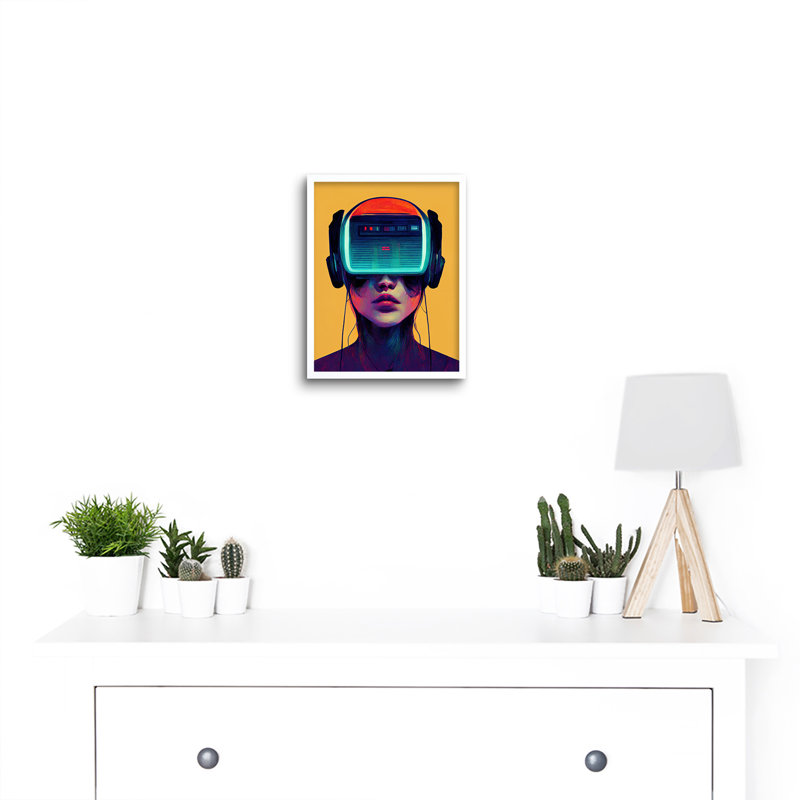 Gamer Gaming VR Videogame Headset Woman - Print, White Framed Paper, 25.9cm H x 20.6cm W x 1.5cm D