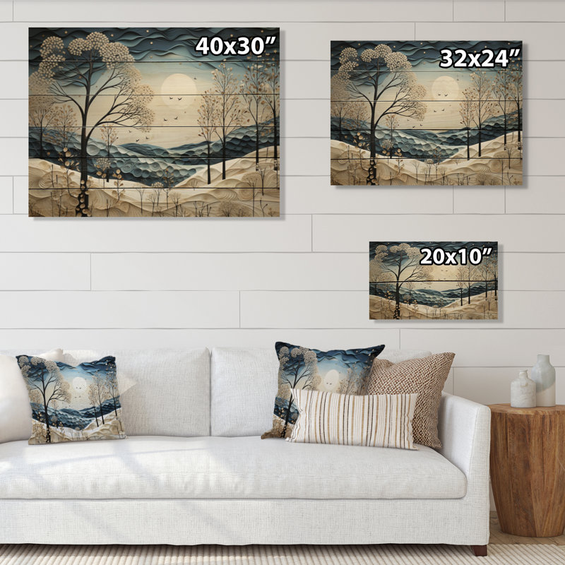 Pointillisme hivernal scandinave moderne bleu et blanc III sur bois, H 24 po x l 32 po x P 0,78 po
