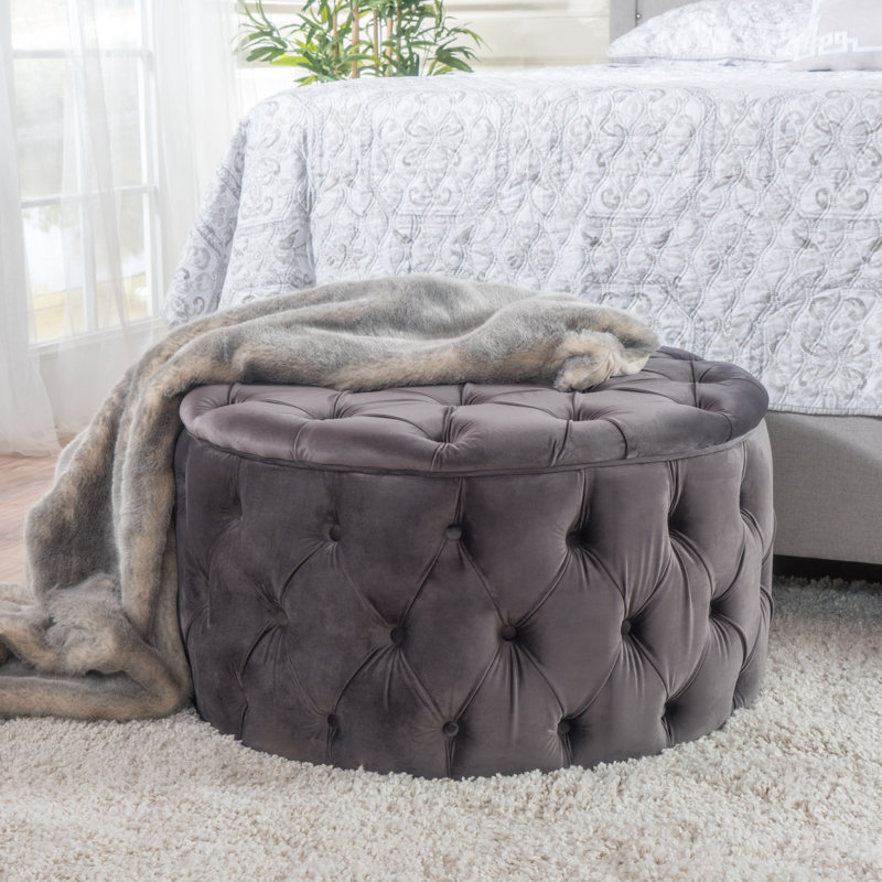 Koehn 29.5" Wide Tufted Round Cocktail Ottoman Plush Comfort Versatile Design Durable Build Stylish Aesthetics, Gray Velvet