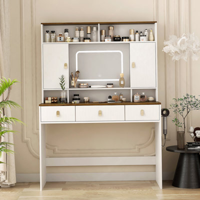 Farmhouse Dressing Table With Lighted Mirror And Makeup Drawer