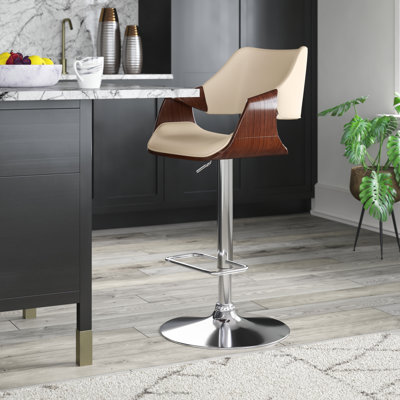 Afshar Swivel Adjustable Height Bar Stool with Pedestal Base in Faux Leather, Wood and Iron