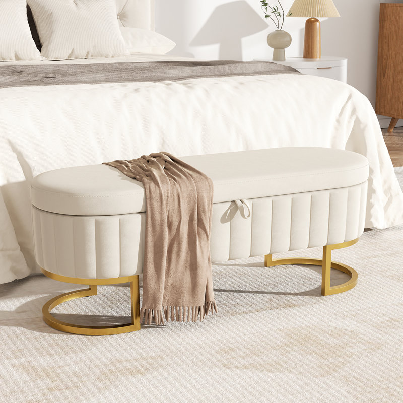 Banc de rangement rembourré en velours avec pieds en fer en forme de fer à cheval pour le salon: solution de bout de lit élégante et fonctionnelle
