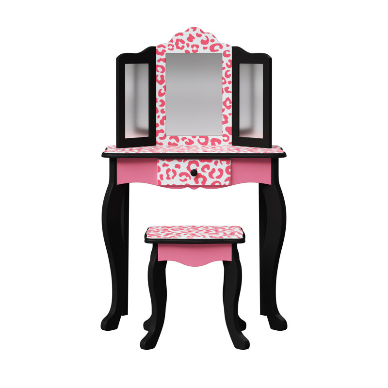 Ensemble de coiffeuse en bois Teamsis pour enfants avec miroir à trois volets, tiroir de rangement, tabouret assorti et table de maquillage pour enfants de 3 ans et plus