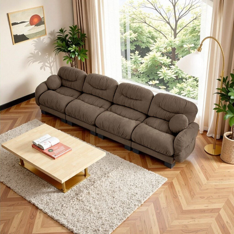 Canapé modulaire confortable en chenille avec motif plissé - Ensemble de canapé brun à 4 places avec mousse ergonomique et coussins décoratifs